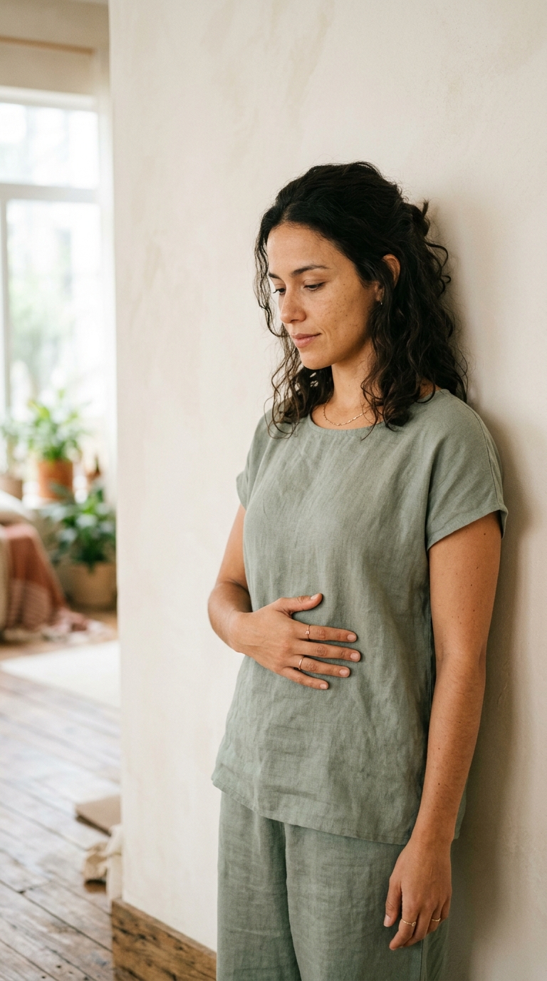 Mulher em gesto de consciência corporal, com a mão no abdômen